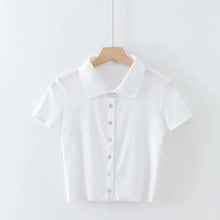 Load image into Gallery viewer, Women Short Sleeve Collared Button Up Crop Top Opaque Buttons T-shirt