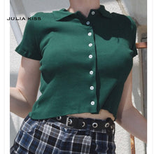 Load image into Gallery viewer, Women Short Sleeve Collared Button Up Crop Top Opaque Buttons T-shirt