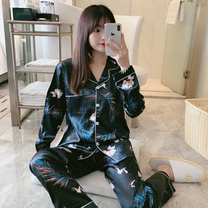 Women Silk Satin Pajamas Set Long Sleeve Trousers Pajamas Button-Down Printing Sleepwear Loungewear Women's Set Pyjamas Mujer