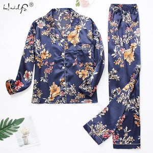 Women Silk Satin Pajamas Set Long Sleeve Trousers Pajamas Button-Down Printing Sleepwear Loungewear Women's Set Pyjamas Mujer