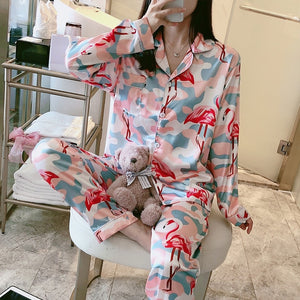 Women Silk Satin Pajamas Set Long Sleeve Trousers Pajamas Button-Down Printing Sleepwear Loungewear Women's Set Pyjamas Mujer