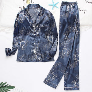 Women Silk Satin Pajamas Set Long Sleeve Trousers Pajamas Button-Down Printing Sleepwear Loungewear Women's Set Pyjamas Mujer