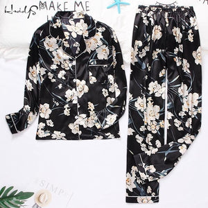 Women Silk Satin Pajamas Set Long Sleeve Trousers Pajamas Button-Down Printing Sleepwear Loungewear Women's Set Pyjamas Mujer