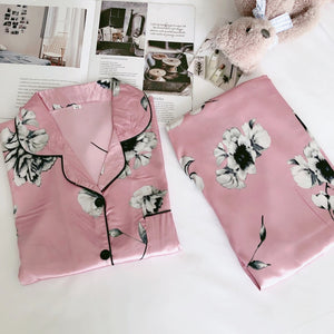 Women Silk Satin Pajamas Set Long Sleeve Trousers Pajamas Button-Down Printing Sleepwear Loungewear Women's Set Pyjamas Mujer