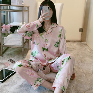 Women Silk Satin Pajamas Set Long Sleeve Trousers Pajamas Button-Down Printing Sleepwear Loungewear Women's Set Pyjamas Mujer