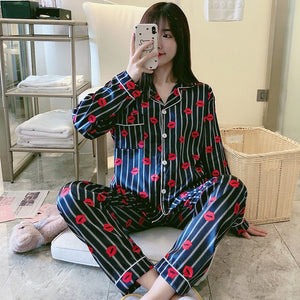 Women Silk Satin Pajamas Set Long Sleeve Trousers Pajamas Button-Down Printing Sleepwear Loungewear Women's Set Pyjamas Mujer