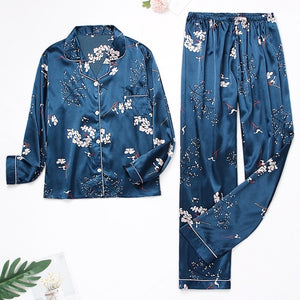 Women Silk Satin Pajamas Set Long Sleeve Trousers Pajamas Button-Down Printing Sleepwear Loungewear Women's Set Pyjamas Mujer