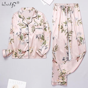 Women Silk Satin Pajamas Set Long Sleeve Trousers Pajamas Button-Down Printing Sleepwear Loungewear Women's Set Pyjamas Mujer