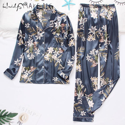 Women Silk Satin Pajamas Set Long Sleeve Trousers Pajamas Button-Down Printing Sleepwear Loungewear Women's Set Pyjamas Mujer