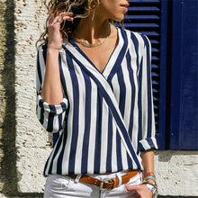 Load image into Gallery viewer, Women Striped Blouse Shirt Long Sleeve Blouse V-neck Shirts Casual Tops Blouse et Chemisier Femme Blusas Mujer de Moda 2020