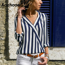 Load image into Gallery viewer, Women Striped Blouse Shirt Long Sleeve Blouse V-neck Shirts Casual Tops Blouse et Chemisier Femme Blusas Mujer de Moda 2020