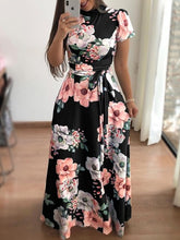 Load image into Gallery viewer, Women Summer Dress 2020 Casual Short Sleeve Long Dress Boho Floral Print Maxi Dress Turtleneck Bandage Elegant Dresses Vestido