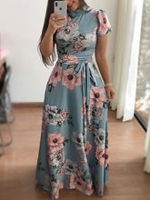 Load image into Gallery viewer, Women Summer Dress 2020 Casual Short Sleeve Long Dress Boho Floral Print Maxi Dress Turtleneck Bandage Elegant Dresses Vestido