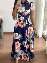 Load image into Gallery viewer, Women Summer Dress 2020 Casual Short Sleeve Long Dress Boho Floral Print Maxi Dress Turtleneck Bandage Elegant Dresses Vestido