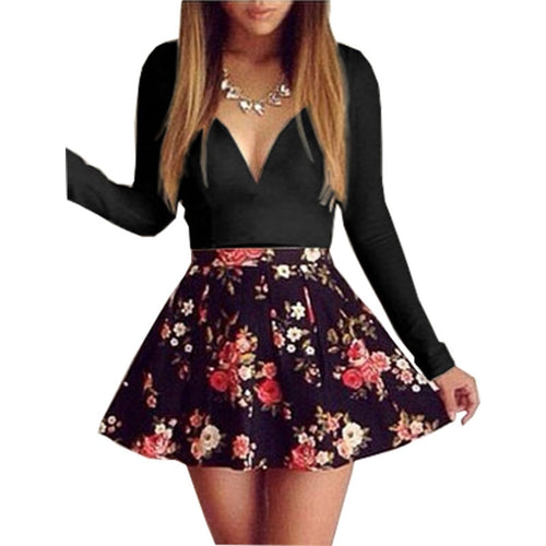 Women Summer Dresses 2020 Models Sexy low-cut V-neck long-sleeved Floral patchwork Mini Dress Vestidos ropa mujer ONY006