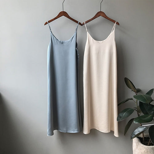 Women Summer Satin Dress 2019 Women's Sexy Dress Luxury Shiny Sundress Imitation Silk dress Y0368 Spaghetti Strap Dresses