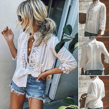 Load image into Gallery viewer, Women White Lace Shirt Hollow Out Slim Blusas Women Long Sleeve White T Shirt Vintage Ladies Top Stylish T-Shirts Tees Tops