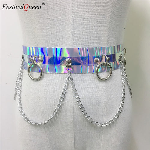 Women's 2019 Shiny Faux Leather Harness Belt Dazzle Color Holographic Silver Metal Punk Chain for Nightclub Party Waist Belts