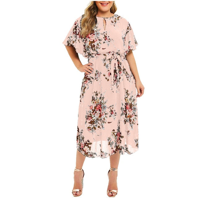 Women's Dress Ladies Fashion Temperament Large Size Ladies Casual Print Round Neck Short-sleeved Dress #38