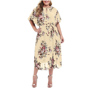 Women's Dress Ladies Fashion Temperament Large Size Ladies Casual Print Round Neck Short-sleeved Dress #38