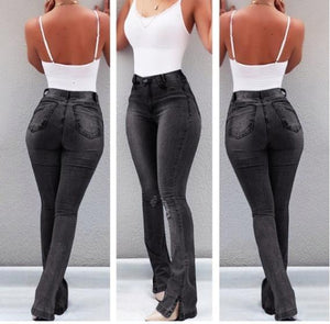 Women's High Waist Flare Jeans Ripped Hole Blue Bell Bottom Skinny Denim Pants Plus Size Mum Long Wide Leg Trousers New Fashion