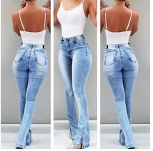 Load image into Gallery viewer, Women&#39;s High Waist Flare Jeans Ripped Hole Blue Bell Bottom Skinny Denim Pants Plus Size Mum Long Wide Leg Trousers New Fashion