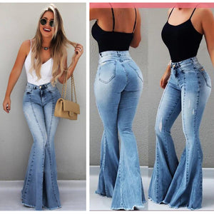 Women's High Waist Flare Jeans Ripped Hole Blue Bell Bottom Skinny Denim Pants Plus Size Mum Long Wide Leg Trousers New Fashion