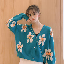 Load image into Gallery viewer, Women&#39;s Korean Style Floral Printing V-neck Knitted Cardigans Female Casual Oversized All-match Sweater One Size