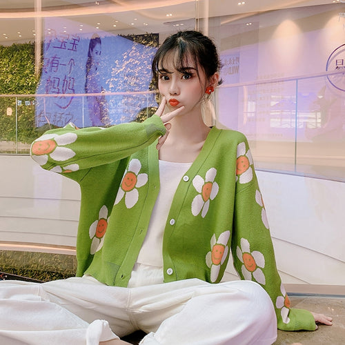 Women's Korean Style Floral Printing V-neck Knitted Cardigans Female Casual Oversized All-match Sweater One Size