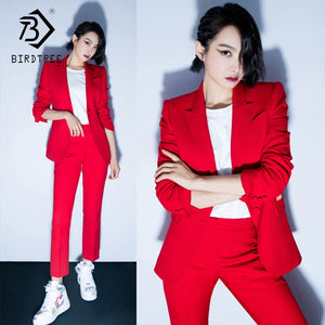 Women's Office Lady Two Pieces Sets Solid Red Elegant Single Breasted Turn-down Collar Blazers And Capris Trousers S88705Y