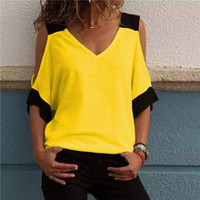 Load image into Gallery viewer, Women&#39;s Patchwork Cold Shoulder T-shirt 5XL Plus Size Tops V-Neck Half Sleeve Female Tee Shirt Summer Casual T Shirt For Women