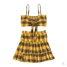 Load image into Gallery viewer, Women&#39;s Set Summer Yellow Plaid 2 Piece Set Bow Crop Top Pleated Ruffles Elastic Waist Skirt 2 Piece Set Beach Sexy Woman Set