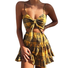 Load image into Gallery viewer, Women&#39;s Set Summer Yellow Plaid 2 Piece Set Bow Crop Top Pleated Ruffles Elastic Waist Skirt 2 Piece Set Beach Sexy Woman Set