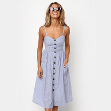 Load image into Gallery viewer, Women&#39;s Sexy Summer Midi Dresses Boho Backless Sleeveless Button Striped Dot Solid Midi Dress Slip Sundress With Pockets Robe