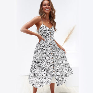 Women's Sexy Summer Midi Dresses Boho Backless Sleeveless Button Striped Dot Solid Midi Dress Slip Sundress With Pockets Robe