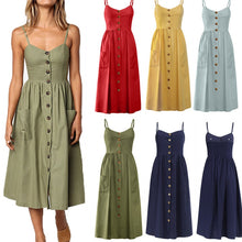 Load image into Gallery viewer, Women&#39;s Sexy Summer Midi Dresses Boho Backless Sleeveless Button Striped Dot Solid Midi Dress Slip Sundress With Pockets Robe