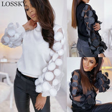 Load image into Gallery viewer, Women&#39;s Sheer Mesh See-through Blouse 2020 New Fashion Elegant Slim Polka Dot Puff Long Sleeve Tops Shirt Turtleneck Fall Blouse