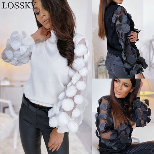 Women's Sheer Mesh See-through Blouse 2020 New Fashion Elegant Slim Polka Dot Puff Long Sleeve Tops Shirt Turtleneck Fall Blouse