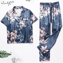 Load image into Gallery viewer, Women&#39;s Short Sleeve Pajamas Spring Autumn Satin Silk Trousers Suit Printing Pyjamas Set Pjs Mujer Pijama Sleepwear