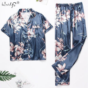 Women's Short Sleeve Pajamas Spring Autumn Satin Silk Trousers Suit Printing Pyjamas Set Pjs Mujer Pijama Sleepwear