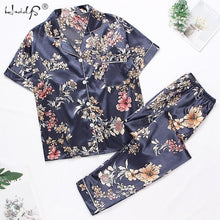 Load image into Gallery viewer, Women&#39;s Short Sleeve Pajamas Spring Autumn Satin Silk Trousers Suit Printing Pyjamas Set Pjs Mujer Pijama Sleepwear