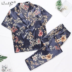 Women's Short Sleeve Pajamas Spring Autumn Satin Silk Trousers Suit Printing Pyjamas Set Pjs Mujer Pijama Sleepwear