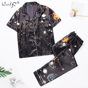 Women's Short Sleeve Pajamas Spring Autumn Satin Silk Trousers Suit Printing Pyjamas Set Pjs Mujer Pijama Sleepwear