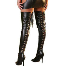 Load image into Gallery viewer, Women’s Stockings Gothic Lingerie Sexy Wet Look Lace Up Thigh High Stockings Black Vinyl Leather Pole Dance Stockings Clubwear