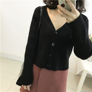 Women's Sweaters Autumn Spring Short Cardigans Single Breasted V-Neck Casual Sweaters Female Solid Knitted Jackets  Jumpers