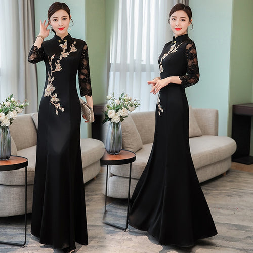 Women's dress large size M-3XL 2020 spring and  new cheongsam long-sleeved black long dress high quality sexy elegant vestidos