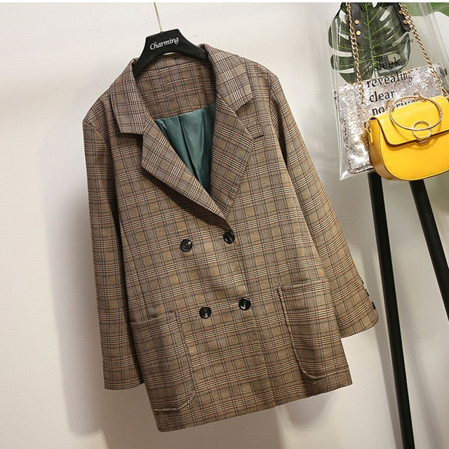 Women's suit jacket 2019 autumn new Slim large size check double-breasted suit ladies jacket casual women's clothing