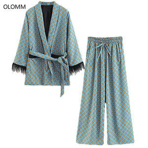 Women's suits 2019 New Arrival Blue Printed Kimono Jacket with Feather Sleeves Wide Leg pants two-piece Vintage Clothing Suits