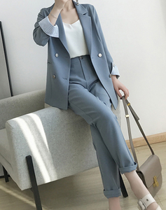Women's suits 2019 autumn new women's temperament double-breasted pink large size suit jacket casual feet pants set two-piece