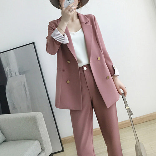 Women's suits 2019 autumn new women's temperament double-breasted pink large size suit jacket casual feet pants set two-piece